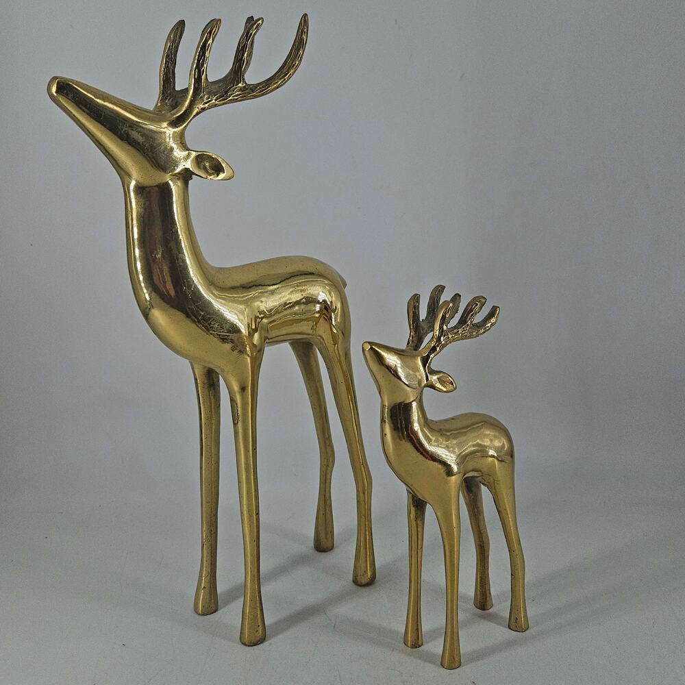Pair of vintage polished solid brass deer figurines MCM Hollywood Regency